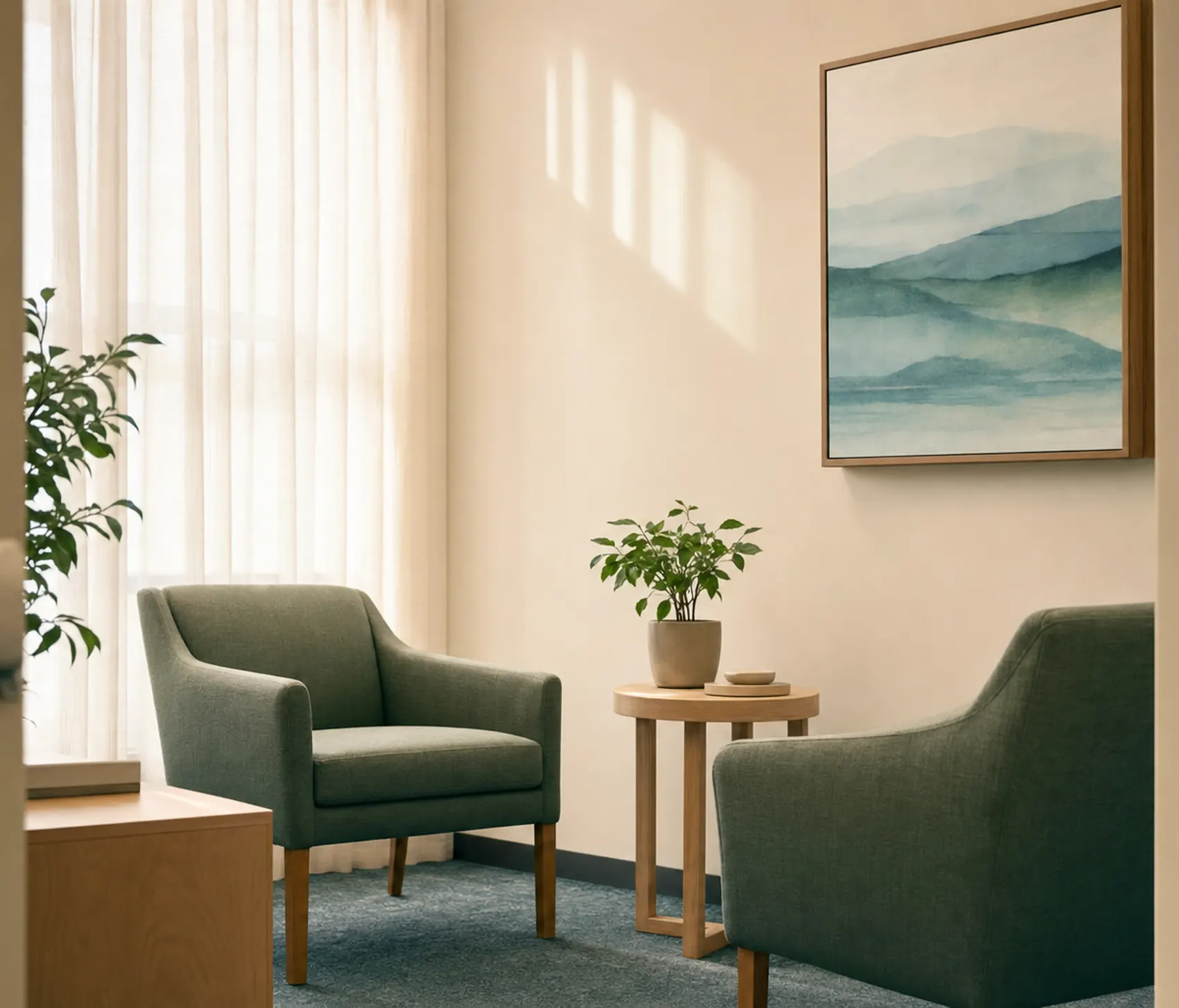 A quiet consultation room with two sage green armchairs beside a window with soft daylight
